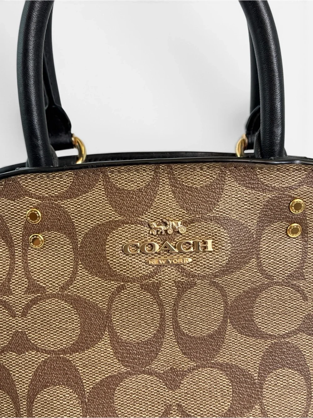 Coach Brown Signature Satchel with Black Handles and Red Sides